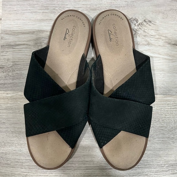 Clarks Collection Slip On Cross Strap Slide Sandals Black Suede Leather Size 8 - Picture 2 of 6